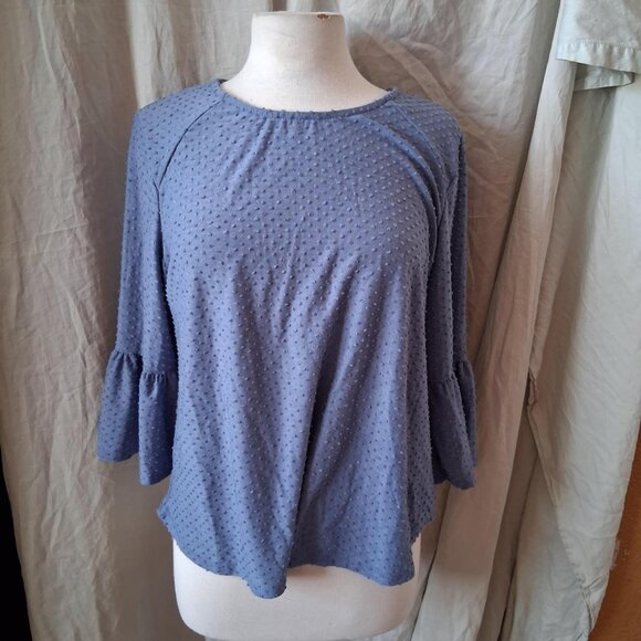 W5 Womans Blouse Top Blue LARGE Geometric 3/4 Sleeve Zipper Round Neck nwt - Picture 1 of 8